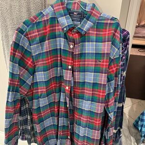 Vineyard Vines Men's Red and Blue Plaid Shirt